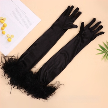 Дамски дълги сатенени ръкавици с пера на маншета, тема Хелоуин 1920‑те