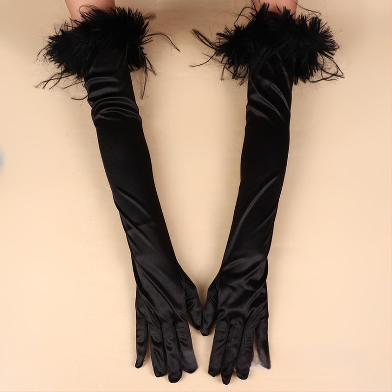 Дамски дълги сатенени ръкавици с пера на маншета, тема Хелоуин 1920‑те