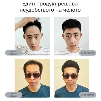 Мъжка перука с линия на челото - естествена човешка коса, цялостно ръчно тъкана, М-образна предна част, тип челки: прилепнали или наклонени, добавя обем на челото