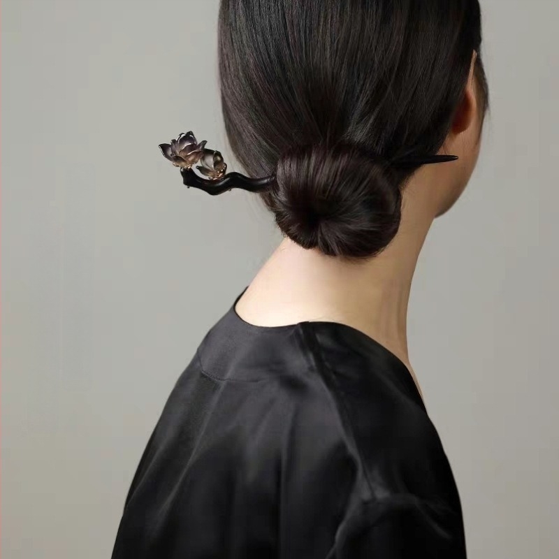 Шпилка за коса от ебоново дърво с мотив цветя, винтидж стил, аксесоар за глава, пускана през пролетта 2025 г.