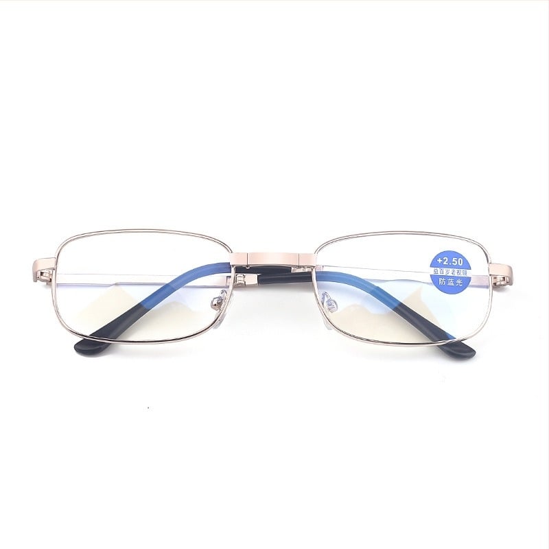 Бифокални очила за пресбиопия със защита от синя светлина, PC лещи, метална рамка, сгъваем калъф