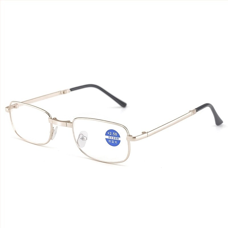 Бифокални очила за пресбиопия със защита от синя светлина, PC лещи, метална рамка, сгъваем калъф