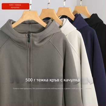 Тежък худи с качулка от памук 96%+, 500 g, цип, кръгло деколте, свободна кройка с странични джобове