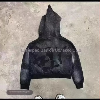 Худи суитшърт с 3D принт на букви, свободна кройка, цип отпред, триизмерен джоб с апликация