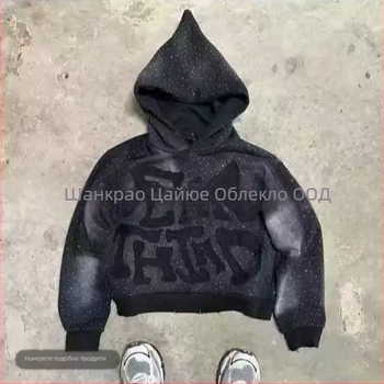 Худи суитшърт с 3D принт на букви, свободна кройка, цип отпред, триизмерен джоб с апликация