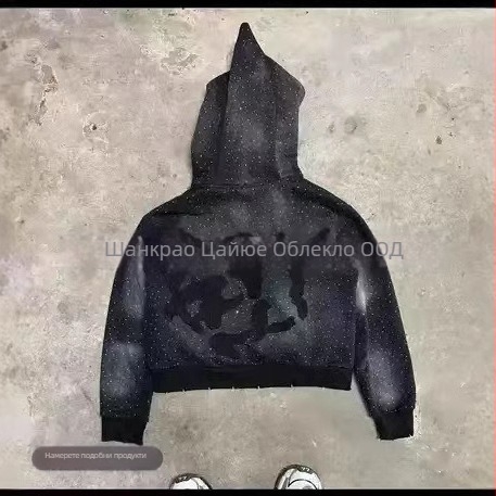 Худи суитшърт с 3D принт на букви, свободна кройка, цип отпред, триизмерен джоб с апликация