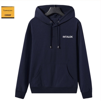 Мъжки памучен суитшърт с качулка, свободна кройка, без яка, бродирано лого, 95% памук, тегло 250–300 г, джобове от странични шевове, подходящ за пролет и есен