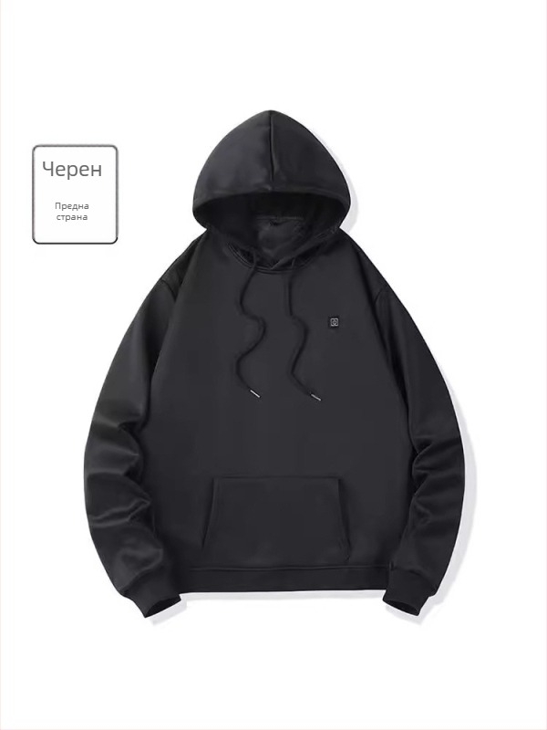 Пуловер с качулка, USB отопление, полиестер флис (Зимна версия 2024; Полиестер 91–95%; Флис; У-образно деколте; Дълги ръкави)