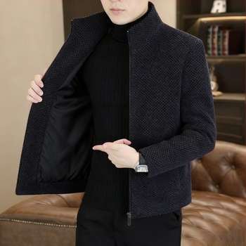 Мъжко вълнено външно облекло със стойковa яка, цип, тясна кройка, дебело топло