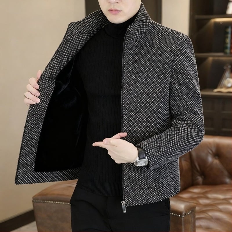 Мъжко вълнено външно облекло със стойковa яка, цип, тясна кройка, дебело топло