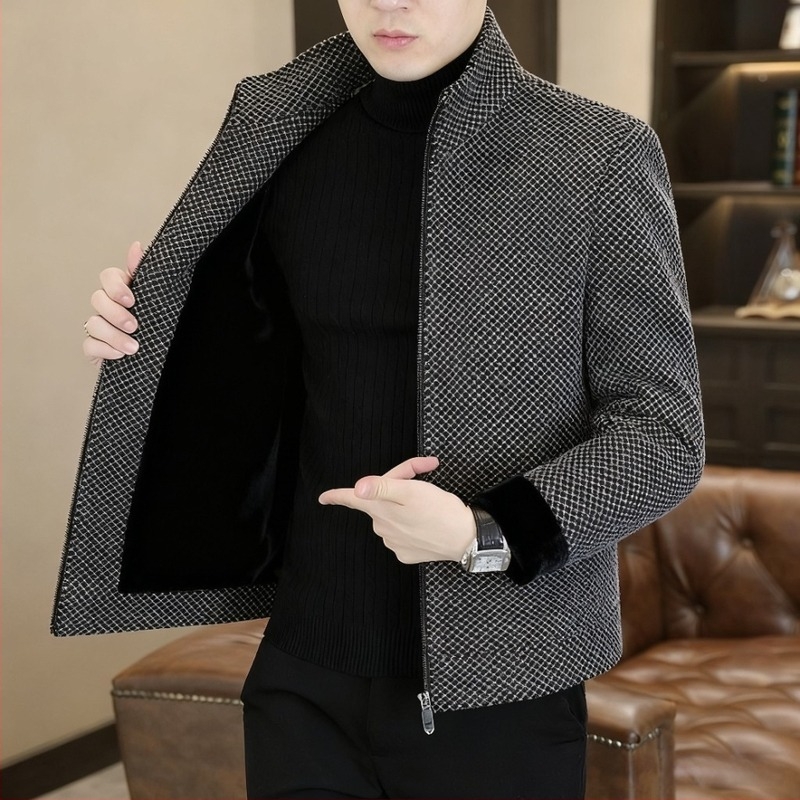 Мъжко вълнено външно облекло със стойковa яка, цип, тясна кройка, дебело топло