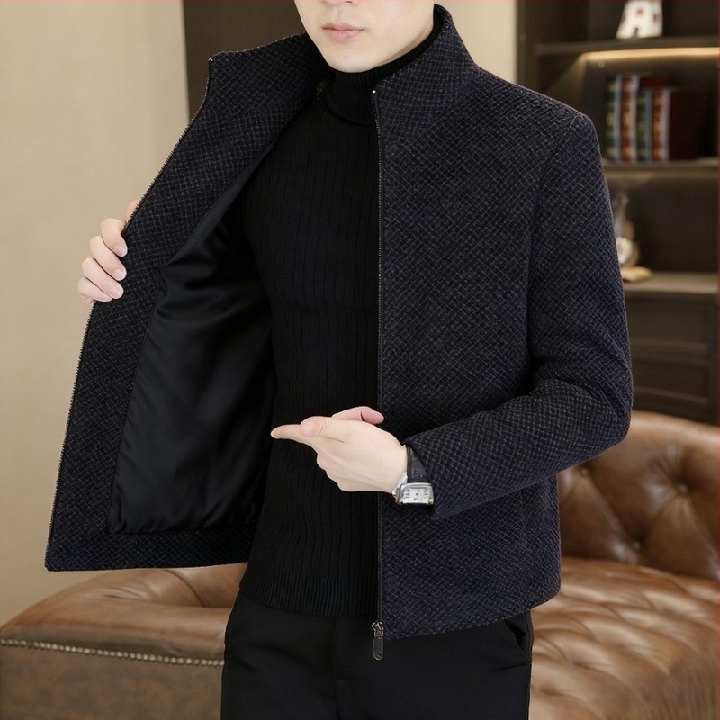 Мъжко вълнено външно облекло със стойковa яка, цип, тясна кройка, дебело топло