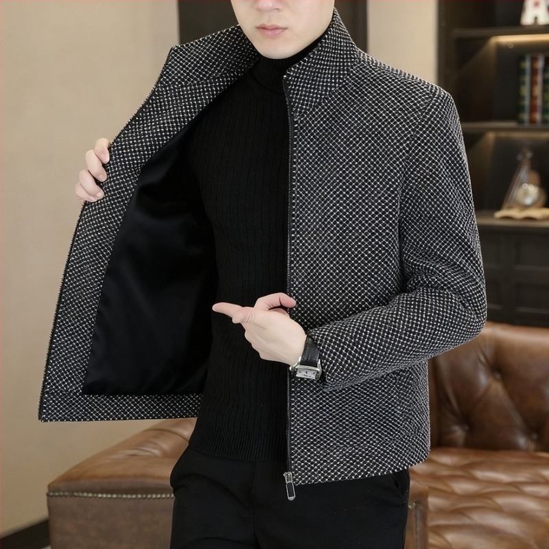 Мъжко вълнено външно облекло със стойковa яка, цип, тясна кройка, дебело топло