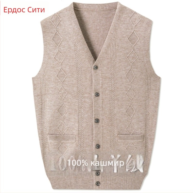 Мъжка жилетка-кардиган свободна кройка с V-образно деколте, Corduroy плат, скрити джобове с пришити клапи, рибен кант