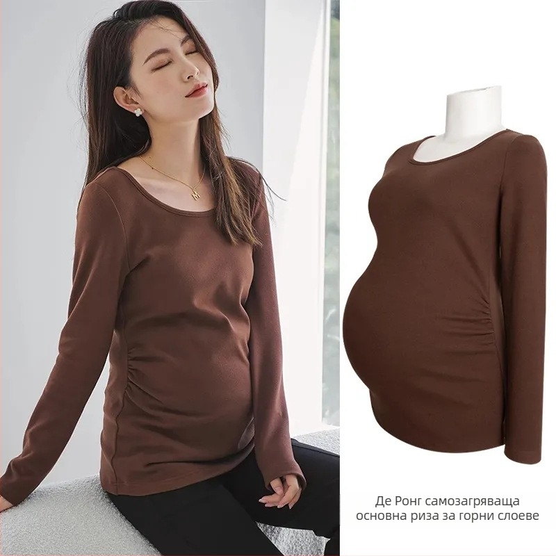 Бременна базова дамска блуза за пролетно-есенен сезон 2025 – Slim fit, дълги ръкави, полиестер със спандекс, 90–95% полиестер, кръгла деколте