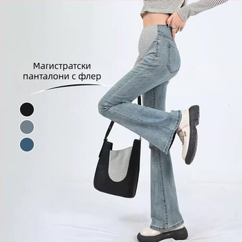 Дънкови дънки за бременни с висока еластичност, силует с микро-флеър, подкрепа за корема (Дънков плат 95%+, за всички сезони)