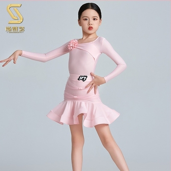 Латин танцов костюм за момичета, тренировъчен комплект със Spandex плат, пола с раздвижващ дизайн, сценично облекло