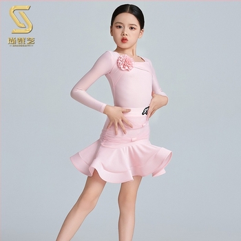 Латин танцов костюм за момичета, тренировъчен комплект със Spandex плат, пола с раздвижващ дизайн, сценично облекло