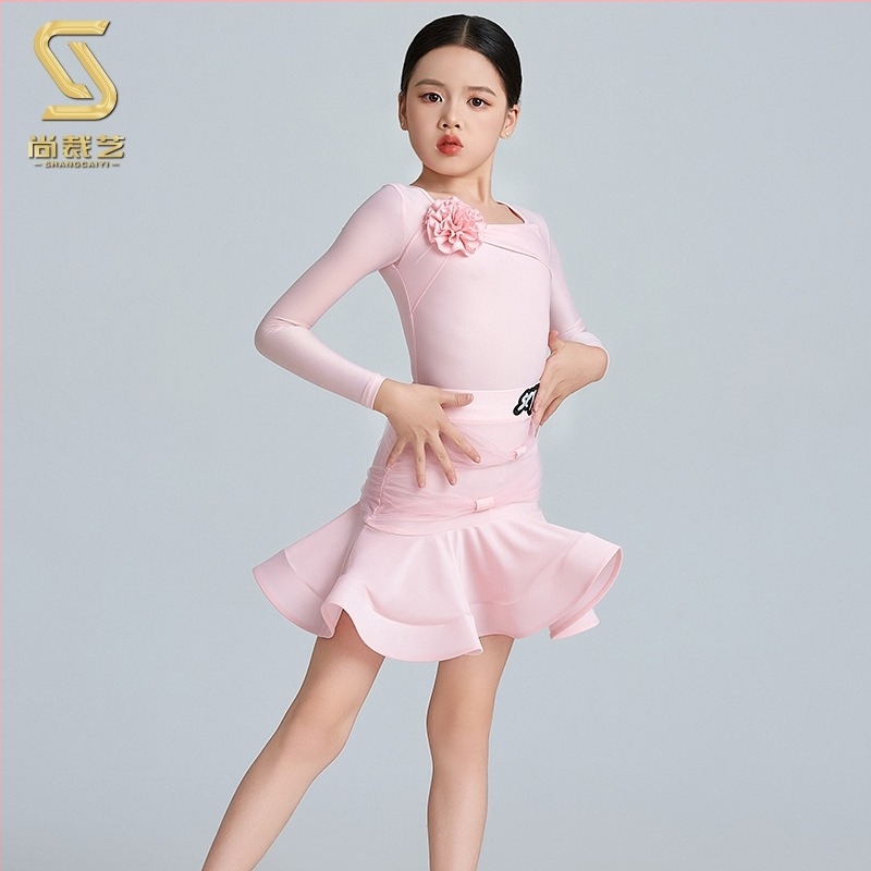 Латин танцов костюм за момичета, тренировъчен комплект със Spandex плат, пола с раздвижващ дизайн, сценично облекло