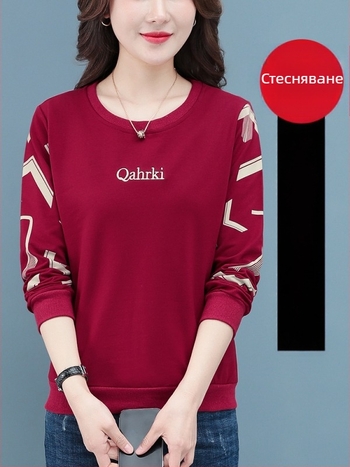 Дамска качулена блуза с подплата флис, геометричен текст и бродерия, къс стил, дълги ръкави, вискозно влакно