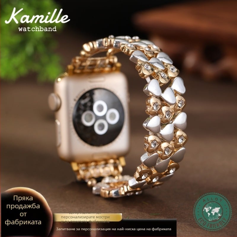 Apple Watch сърцевидна метална каишка – луксозна цинкова сплав, еластична метална лента, конектор от неръждаема стомана, катарама с едно кръгло заключване