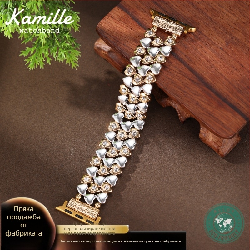 Apple Watch сърцевидна метална каишка – луксозна цинкова сплав, еластична метална лента, конектор от неръждаема стомана, катарама с едно кръгло заключване