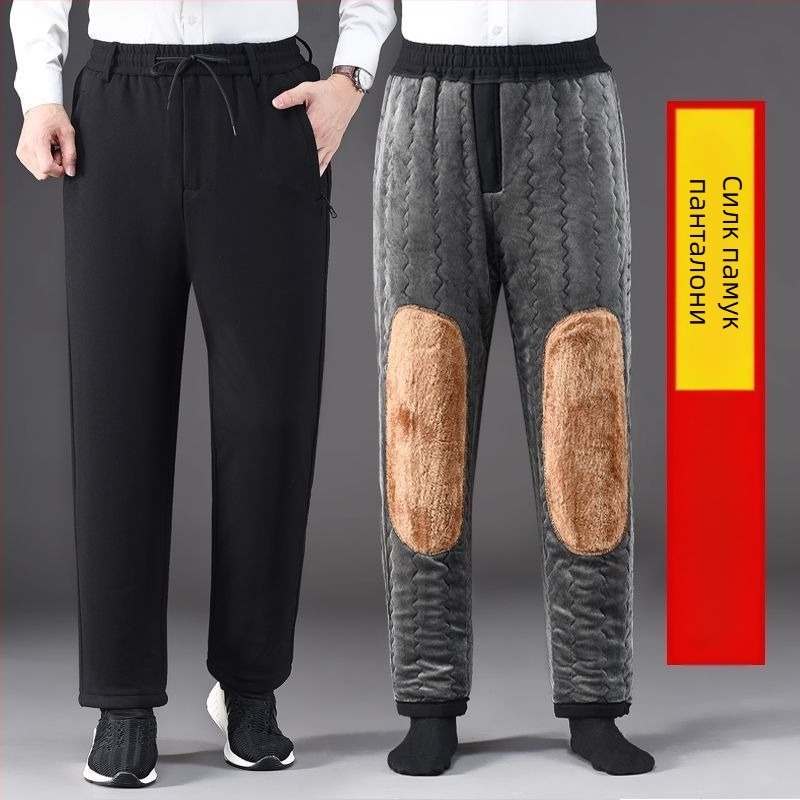 Мъжки зимни панталони с подплата от флийс и пълнеж от копринено‑памучна смес, права кройка