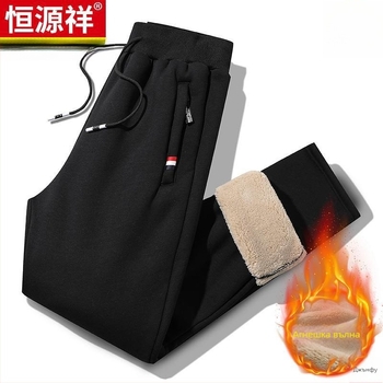 Мъжки памучни спортни панталони с поларено вътрешно подплатяване, дебели за зима, прави крачоли, за ежедневна употреба