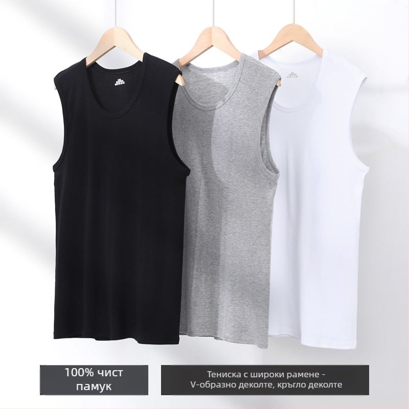 Мъжки потник с широки рамене, V-образно деколте, 100% памук, свободна кройка, тегло на тъканта 161–180 g/m2, за всички сезони