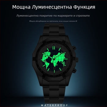 Мъжки кварцов часовник със skeleton дизайн - ултра тънък, светещ в тъмното, 30 m водоустойчив, корпус и каишка от неръждаема стомана, прозрачен заден капак