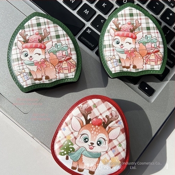 Пудрена гъба Rubycell със Foamed Leather, Коледен дизайн с елен и маршмелоу, голям и дебел апликатор за основа на грима