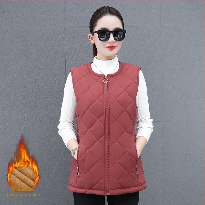 Дамска жилетка с поларена подплата и дебела изолация, кръгла яка, полиестерен външен слой, съдържание 95% полиестер, пролет 2025