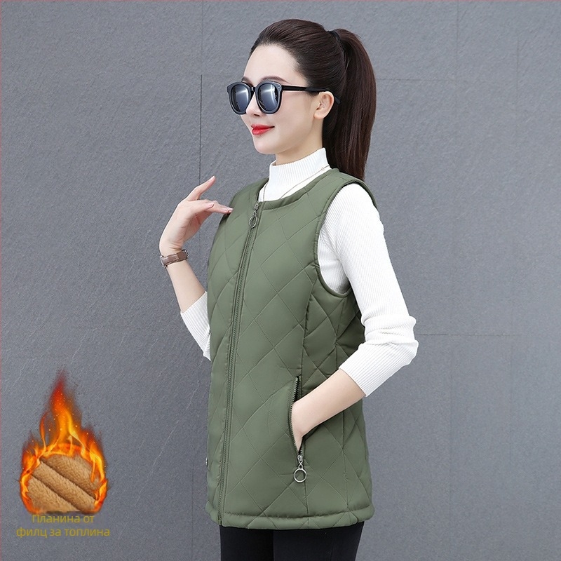 Дамска жилетка с поларена подплата и дебела изолация, кръгла яка, полиестерен външен слой, съдържание 95% полиестер, пролет 2025