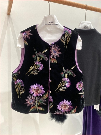 Жилет с пайети върху кадифе за жени, кръгло деколте, дебела подплата полиестер-памук, модел растения и цветя, зима 2025