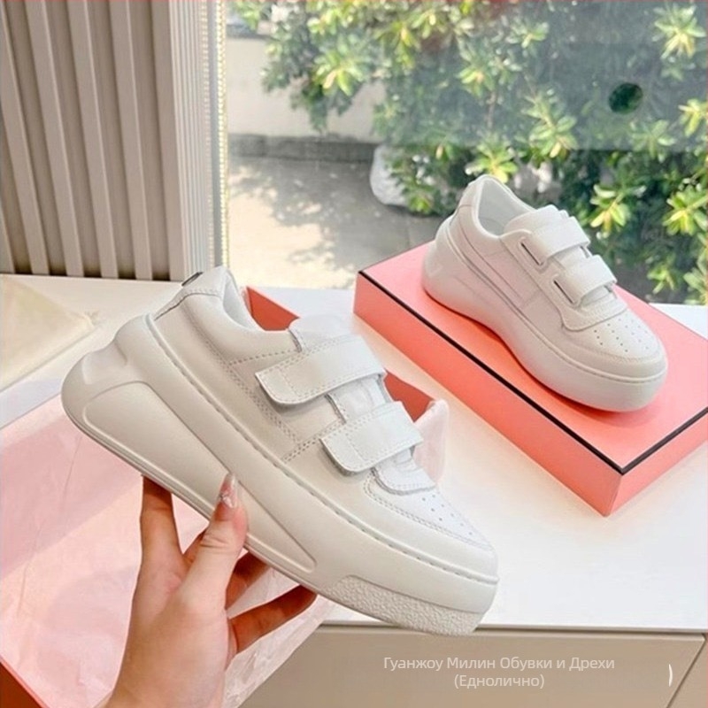 Дамски кожени обувки с Velcro закопчаване, нисък горен ръб, 7 см дебела гумена подметка и подплата от овча кожа