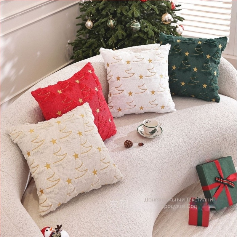 Коледен калъф за възглавница с дизайн на коледно дърво, плюшена материя, празничен принт