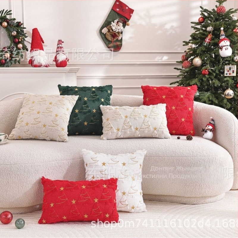Коледен калъф за възглавница с дизайн на коледно дърво, плюшена материя, празничен принт