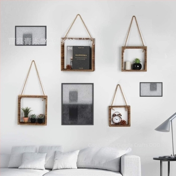 Дървен стенен плаващ рафт за съхранение, квадратен, за хол