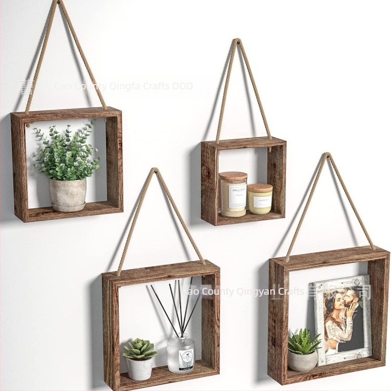 Дървен стенен плаващ рафт за съхранение, квадратен, за хол