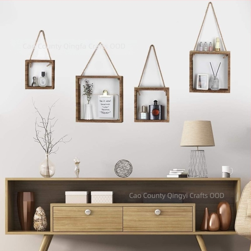 Дървен стенен плаващ рафт за съхранение, квадратен, за хол