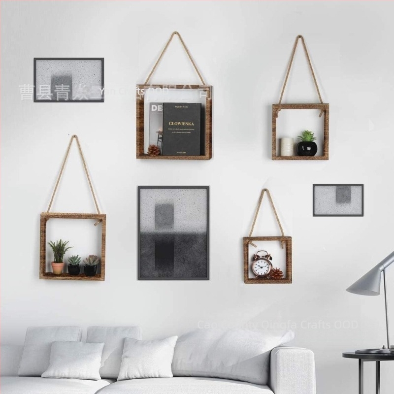 Дървен стенен плаващ рафт за съхранение, квадратен, за хол