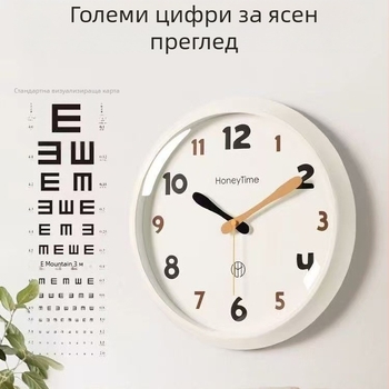 Стенно часовник в модерен минималистичен стил, кръгъл пластмасов корпус, кварцово движение марка Mjk, батерийно захранване, дисплей със стрелки и цифри