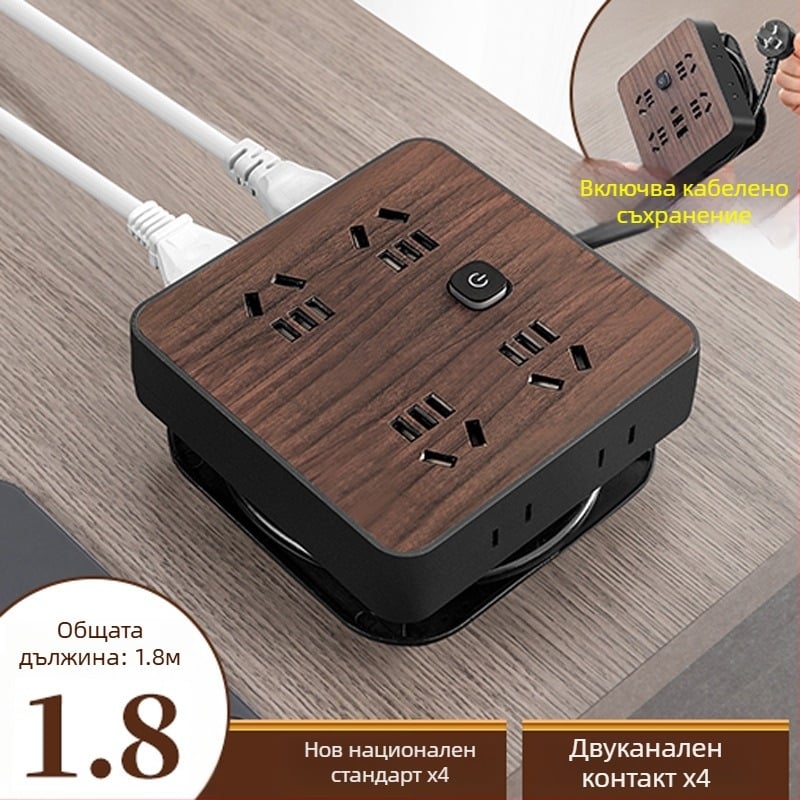 Мултиразклонител за дома с дървесен дизайн и множество гнезда, 10A, 100–250V, ABS корпус, медни контакти, 3C сертифициран