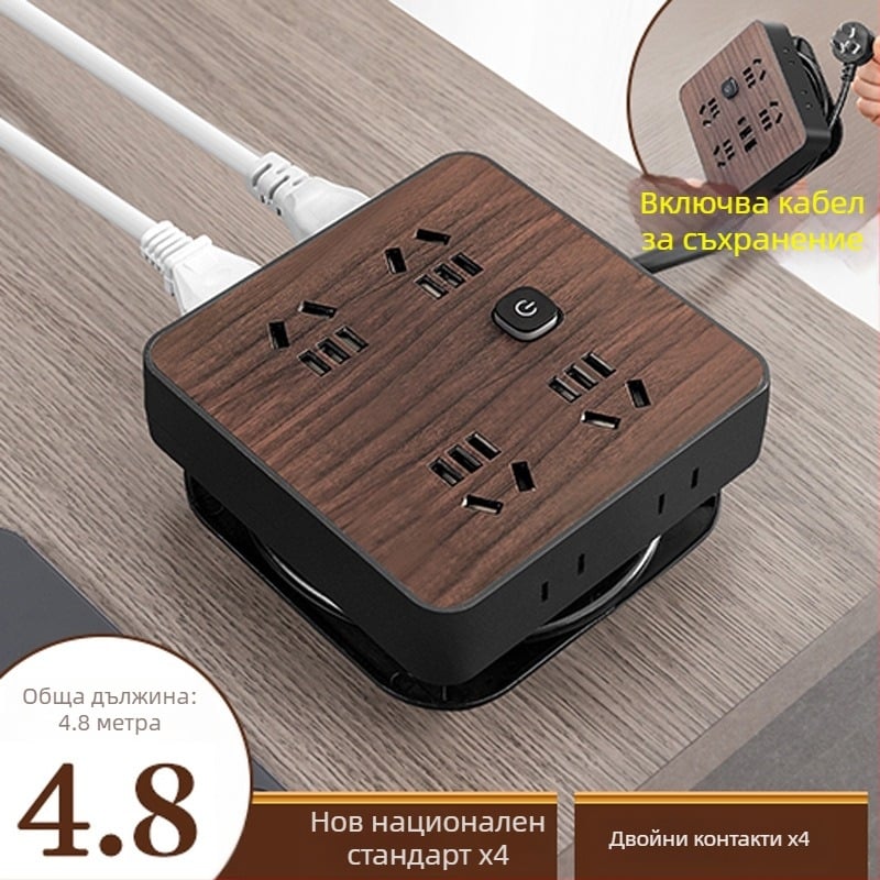 Мултиразклонител за дома с дървесен дизайн и множество гнезда, 10A, 100–250V, ABS корпус, медни контакти, 3C сертифициран