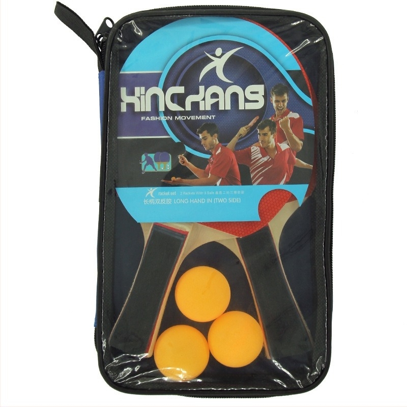 Комплект за тренировка по тенис на маса: две ракети и три топки, Пенхолд и Шейкхенд, марка Xinchang, основа от топола, гуми с лепило Positive glue, стил на ракетата: страничен удар