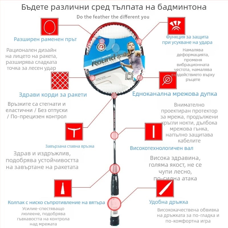 Бадминтон ракета Rongdao RD-1109, 2 броя, рамка от феросплав, корда от фибърна коприна, аматьорски модел, подходяща за фитнес