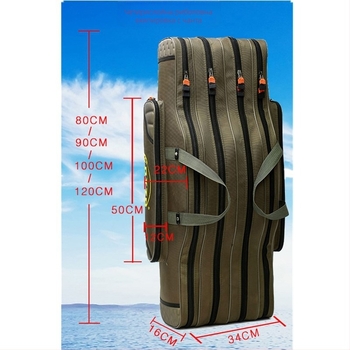 Чанта за морски риболов, голям капацитет, многослойна конструкция, нейлонова материя, отделения за примамки, риболовен шнур, пръчка и макара.