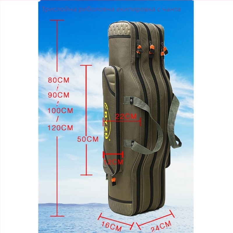 Чанта за морски риболов, голям капацитет, многослойна конструкция, нейлонова материя, отделения за примамки, риболовен шнур, пръчка и макара.