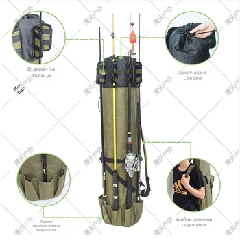 mydays Чанта за риболовни пръти – голям капацитет, водоустойчива, за съхранение на риболовна линия и пръчка, 600D Oxford плат