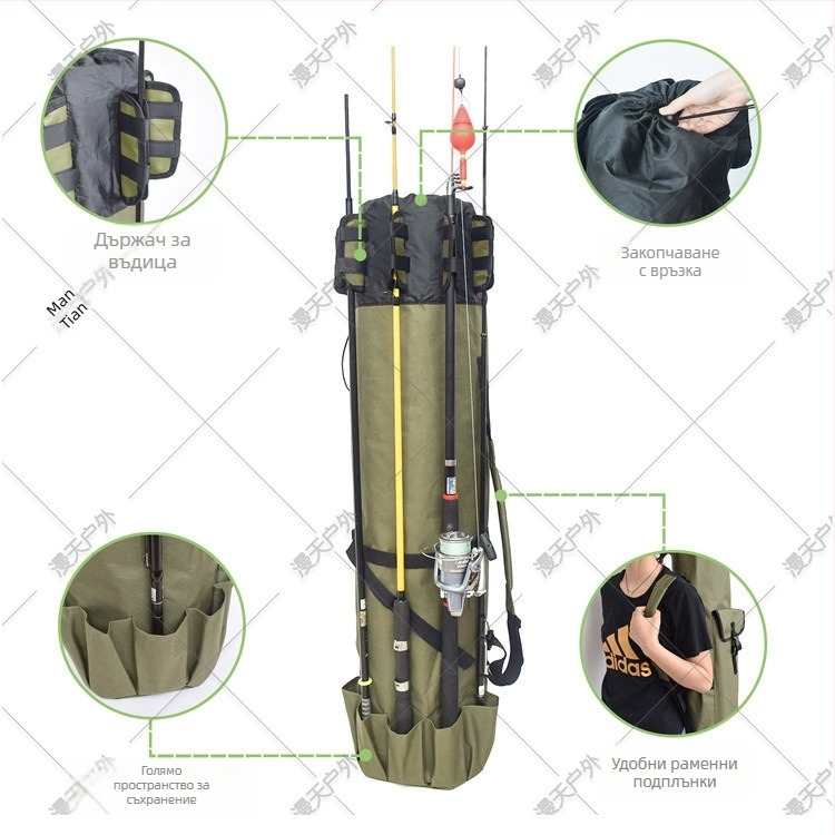 mydays Чанта за риболовни пръти – голям капацитет, водоустойчива, за съхранение на риболовна линия и пръчка, 600D Oxford плат